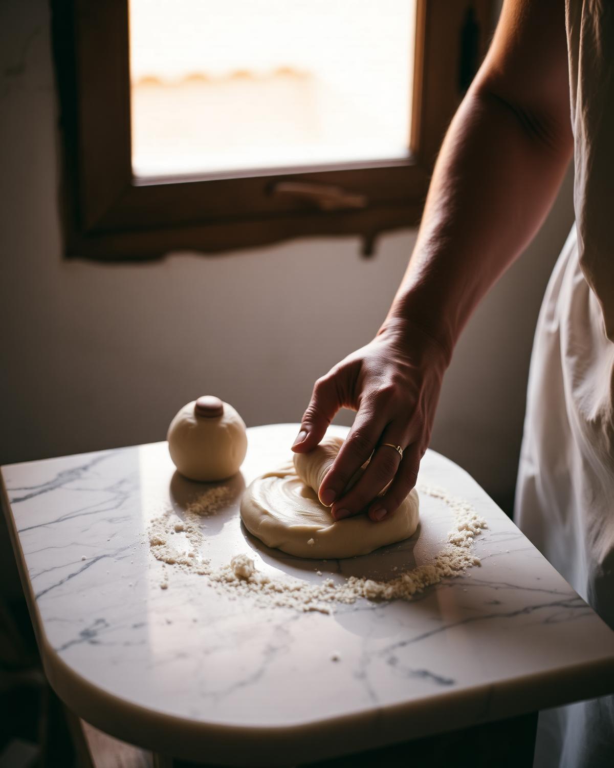 L'impasto: Mandorle macinate in giornata e lavorate sul marmo, senza impastatrice.