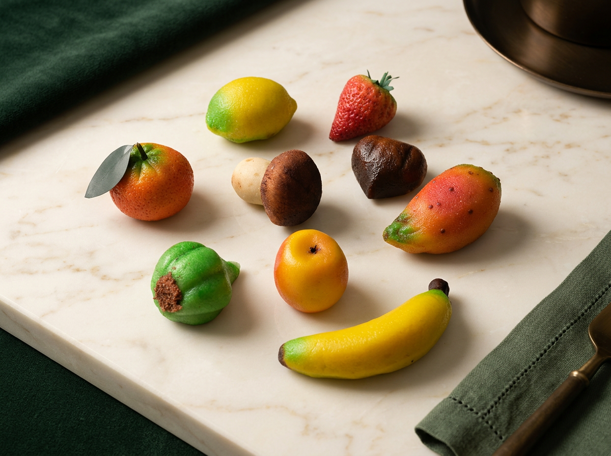 Frutta Martorana: Dolci di pasta di mandorla modellati e dipinti a mano nelle forme e nei colori della frutta.