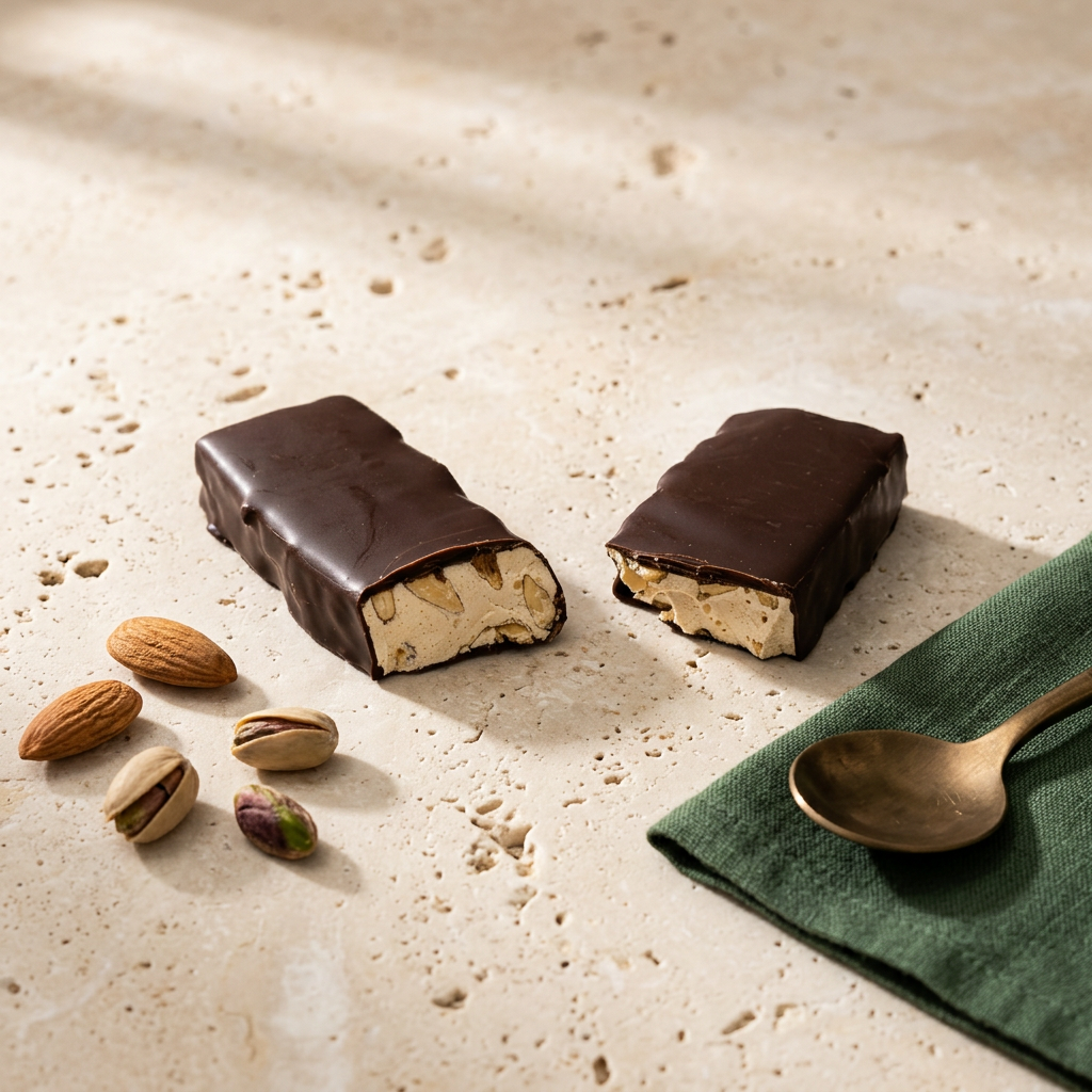 Torrone al cioccolato: Il torrone siciliano ricoperto di cioccolato fondente, con mandorle visibili al taglio.