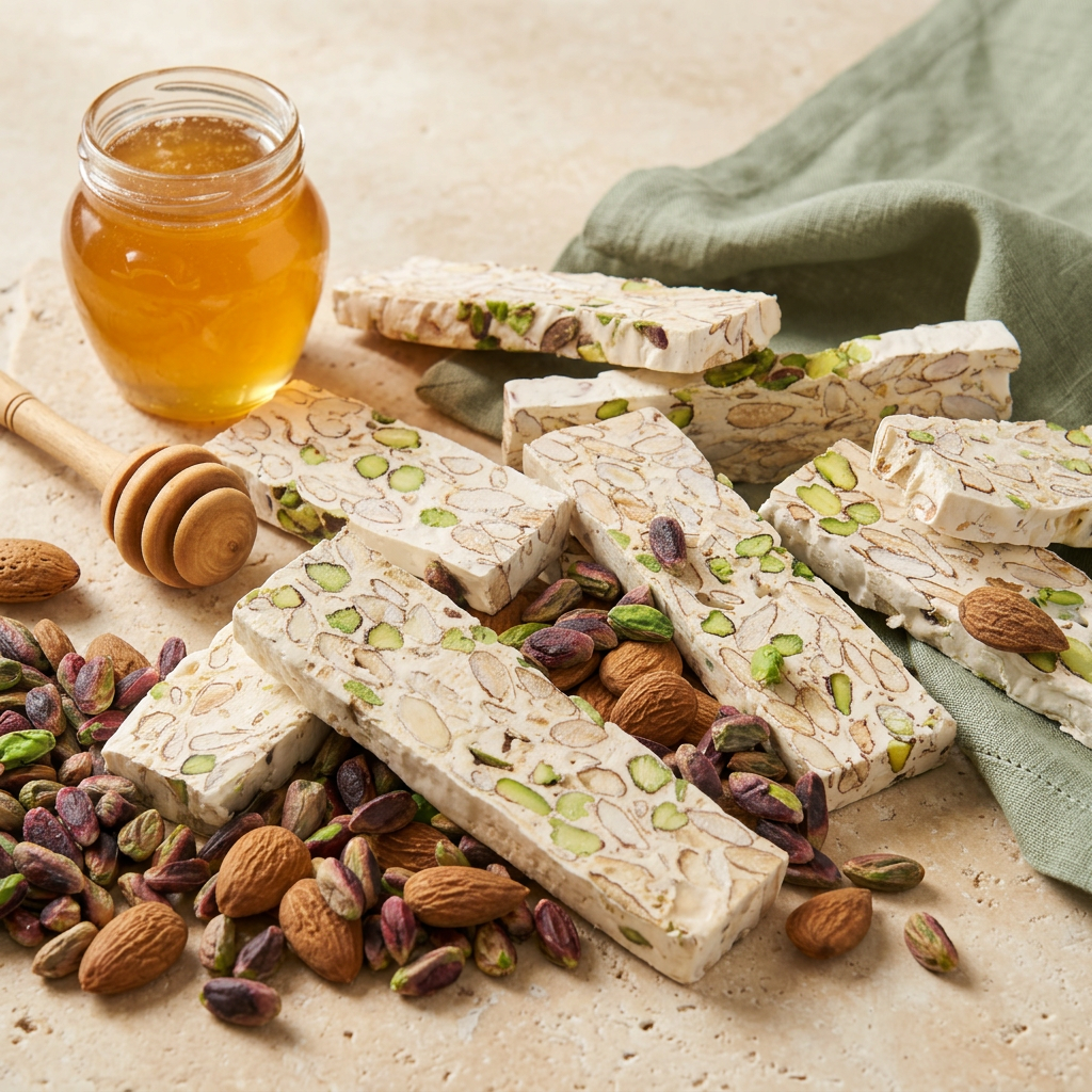Torrone siciliano: Torrone tradizionale con mandorle e pistacchi, proposto intero o tagliato in formati da regalo.